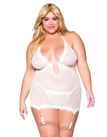 Guépière porte jarretelles blanche grande taille avec strass et string inclus - DG13313XWHT