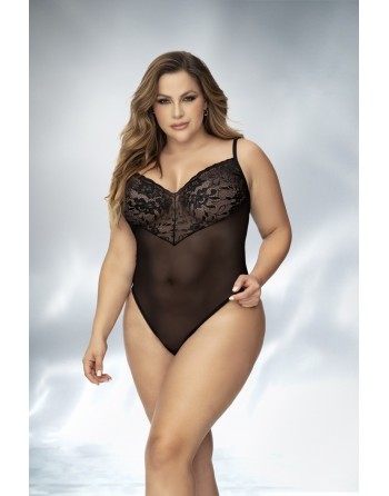 Body, grande taille, noir en dentelle et résille noire - MAL8795XBLK